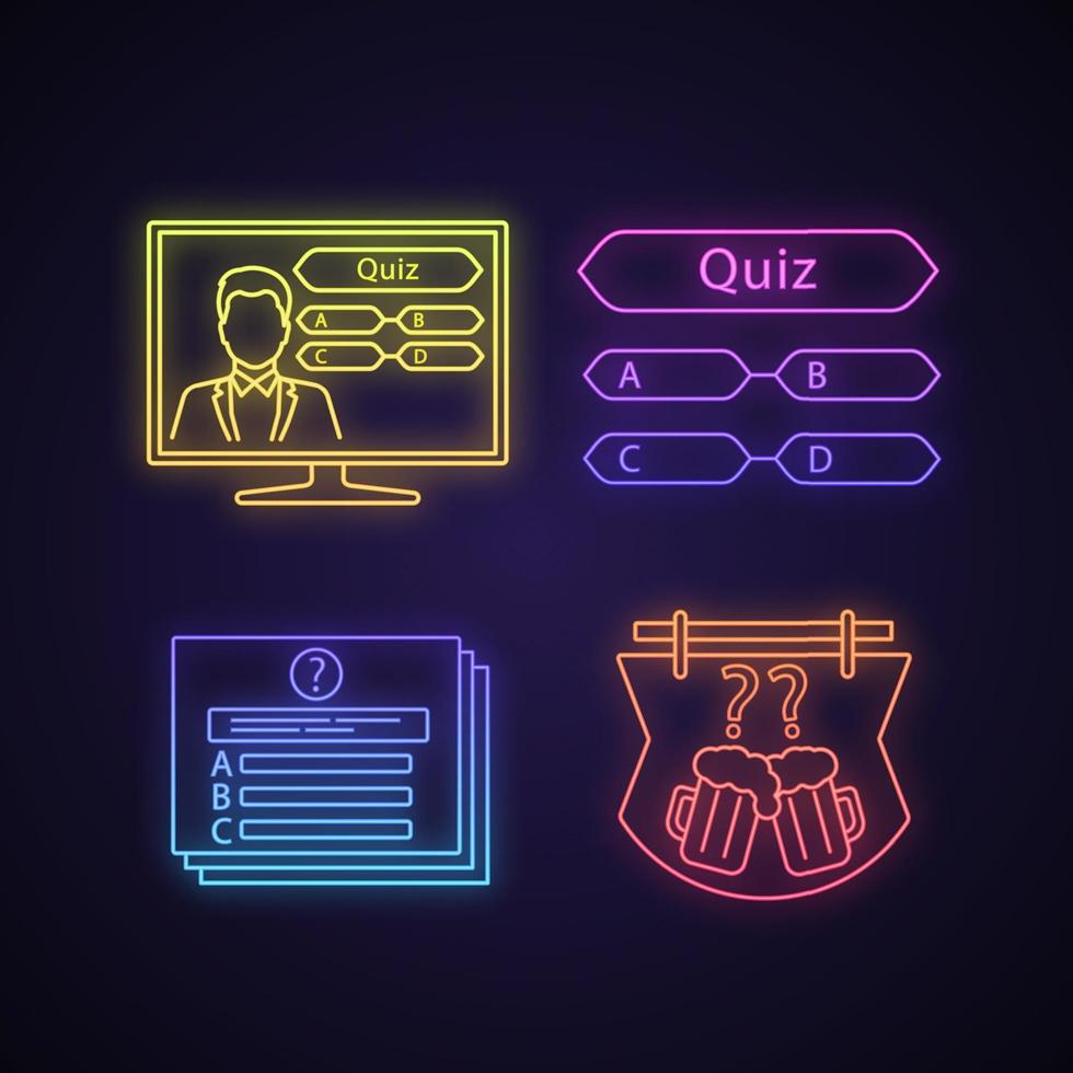 Quiz show neon light icons set vector