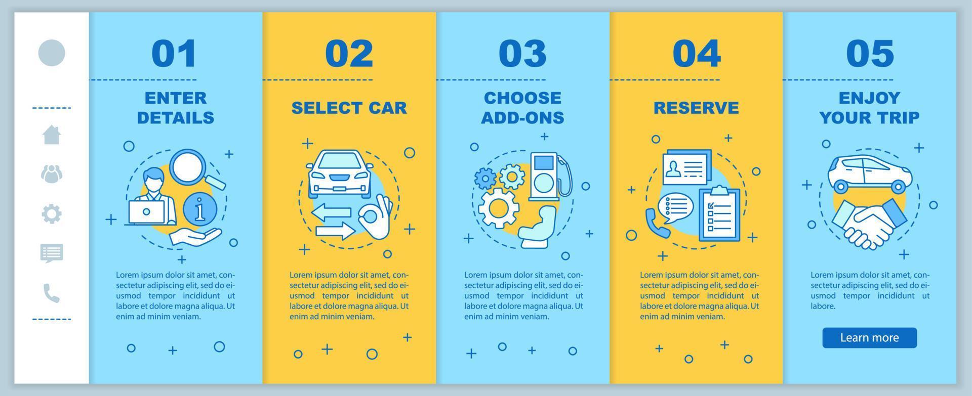 Car rental service onboarding mobile web pages vector template