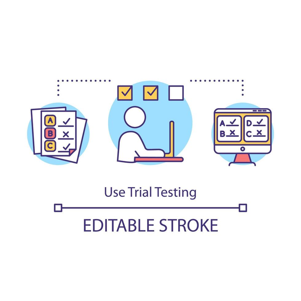 Use trial testing concept icon. Check knowledge level. Online test. Elearning. University entrance examination idea thin line illustration. Vector isolated outline drawing. Editable stroke