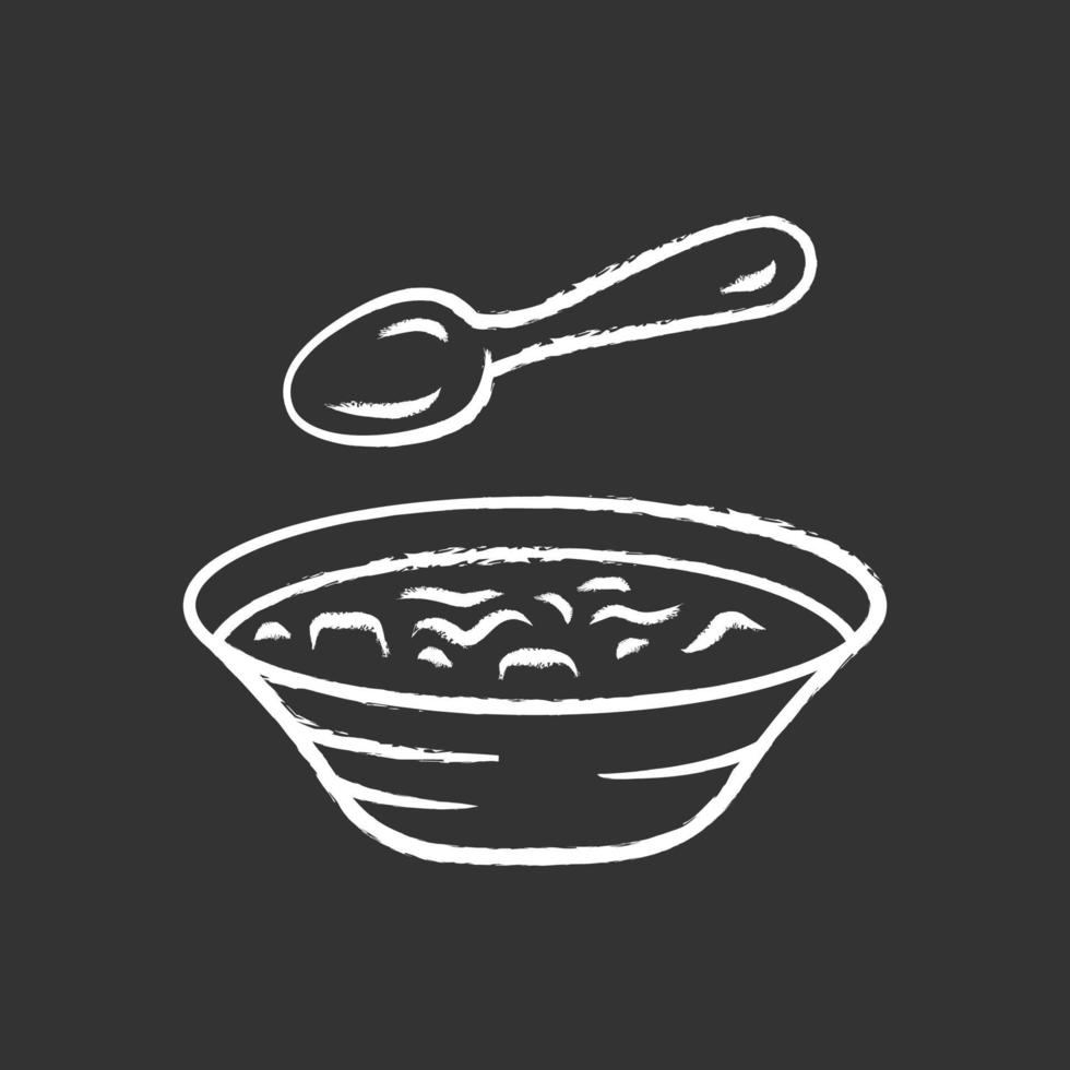 icono de tiza de sopa. cuenco y cuchara, menaje de cocina. plato de sopa humeante. primera comida. dieta saludable. comida nutritiva. bistró, restaurante, menú de cafetería. ilustración de pizarra de vector aislado