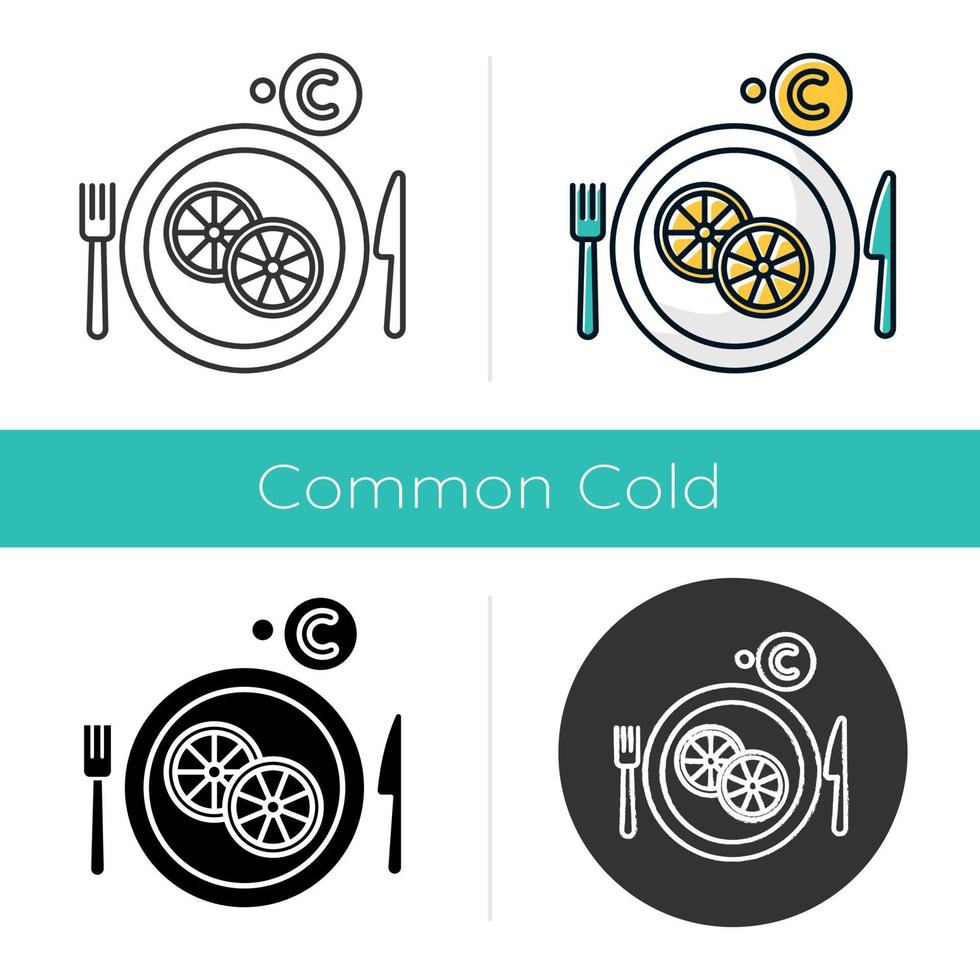 Vitamin C icon. Sliced lemon on plate. Cut fruit. Eat citrus. Common cold precaution. Flu virus prevention. Grippe cure. Healthcare. Flat design, linear and color styles. Isolated vector illustrations
