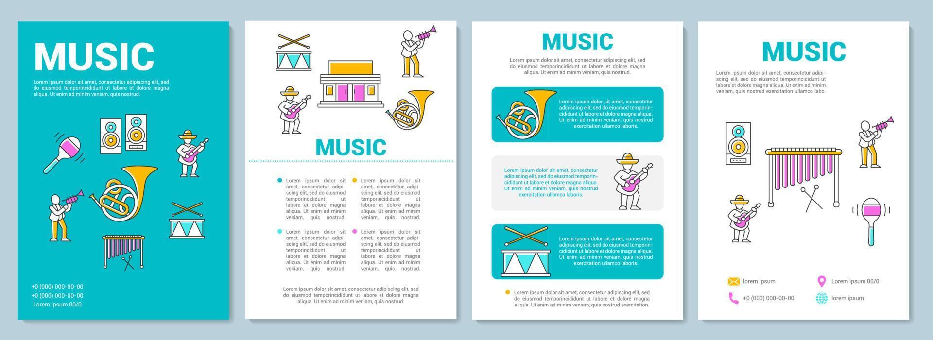 Music industry template layout. Entertainment business. Flyer, booklet, leaflet print design with linear illustrations. Vector page layouts for magazines, annual reports, advertising posters