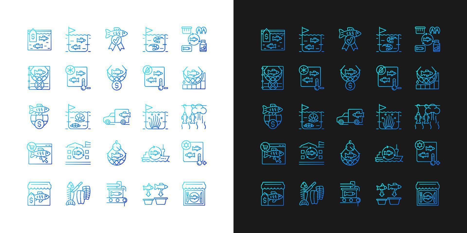 Fishing industry gradient icons set for dark and light mode vector