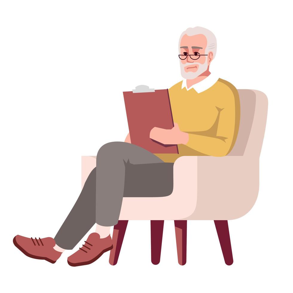 Old man in armchair semi flat RGB color vector illustration. Elderly person with clipboard. Experienced psychologist. Examinator. Psychology consultation. Isolated cartoon character on white