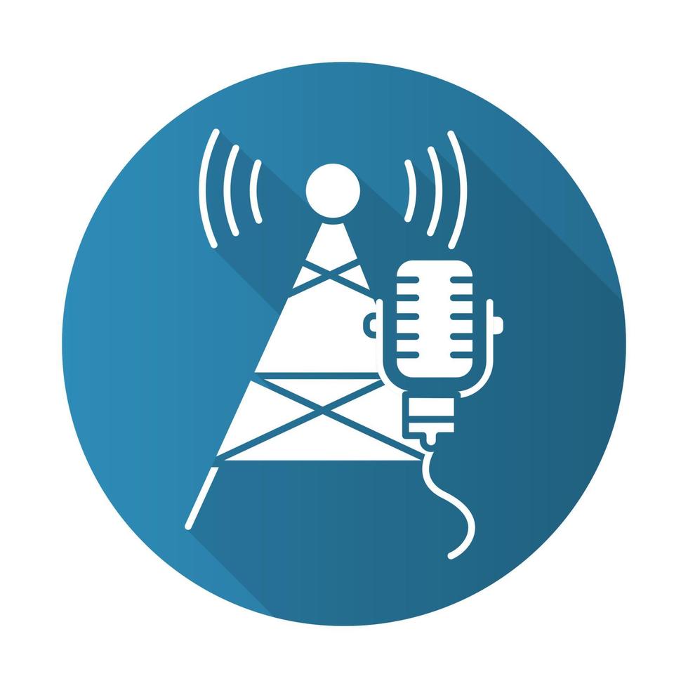 Broadcasting industry blue flat design long shadow glyph icon. Telecommunications and network. Soundwave signal. Telecom tower and microphone. News, radio. Vector silhouette illustration