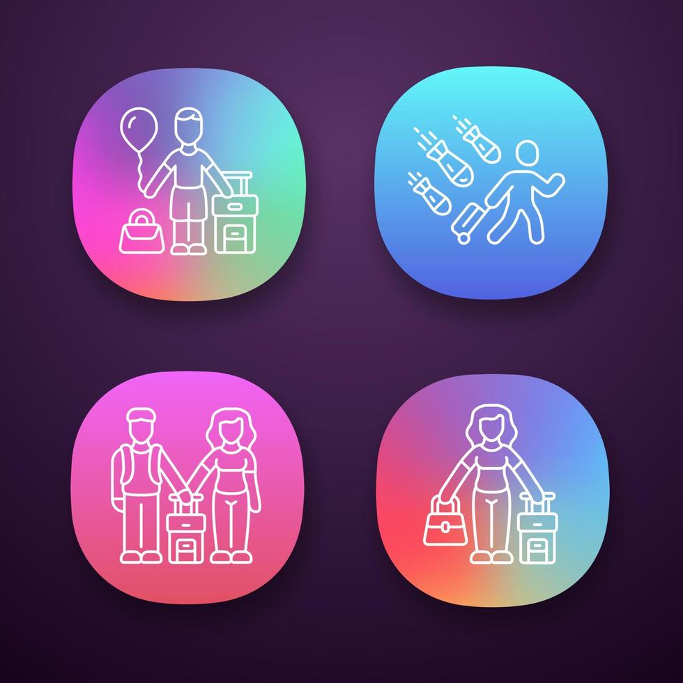 Refugees app icons set. Couple, kid travel abroad with suitcase. Tourist, traveler, passenger. Immigrant child, family. Web or mobile applications. Vector isolated illustrations