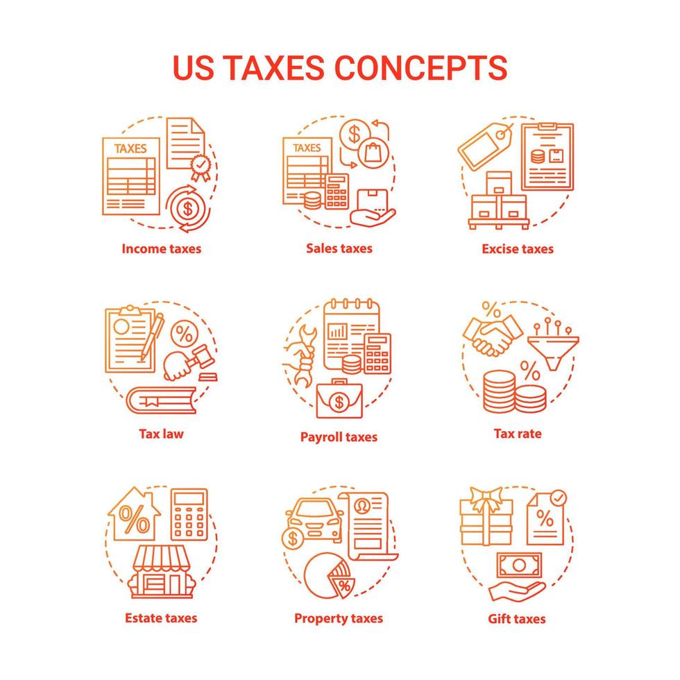 US taxes red concept icons set. Percentage rate of taxation idea thin line illustrations. Income, sales, excise, property, payroll, estate tax. Financial charge. Vector isolated outline drawings