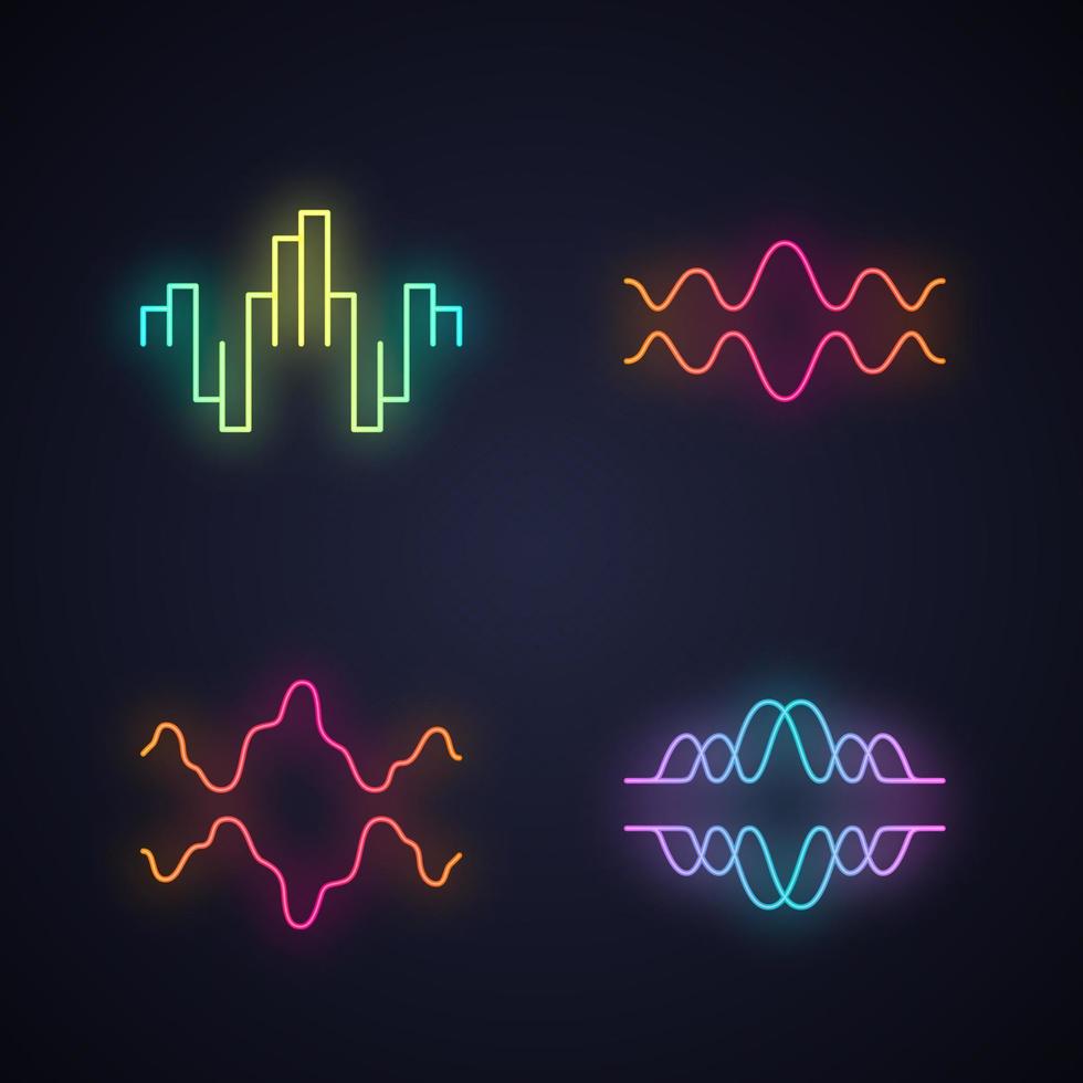 Sound waves neon light icons set. Glowing signs. Audio, music, radio signal waves. Vibration, synergy, motion lines. Digital curve soundwaves frequency. Vector isolated illustrations