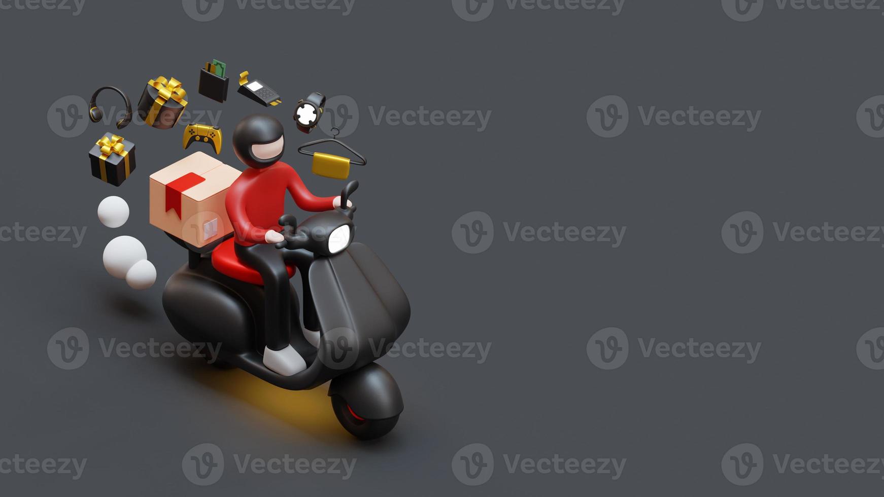 Black Friday landing page template with courier on scooter delivering package 3d rendering illustration photo