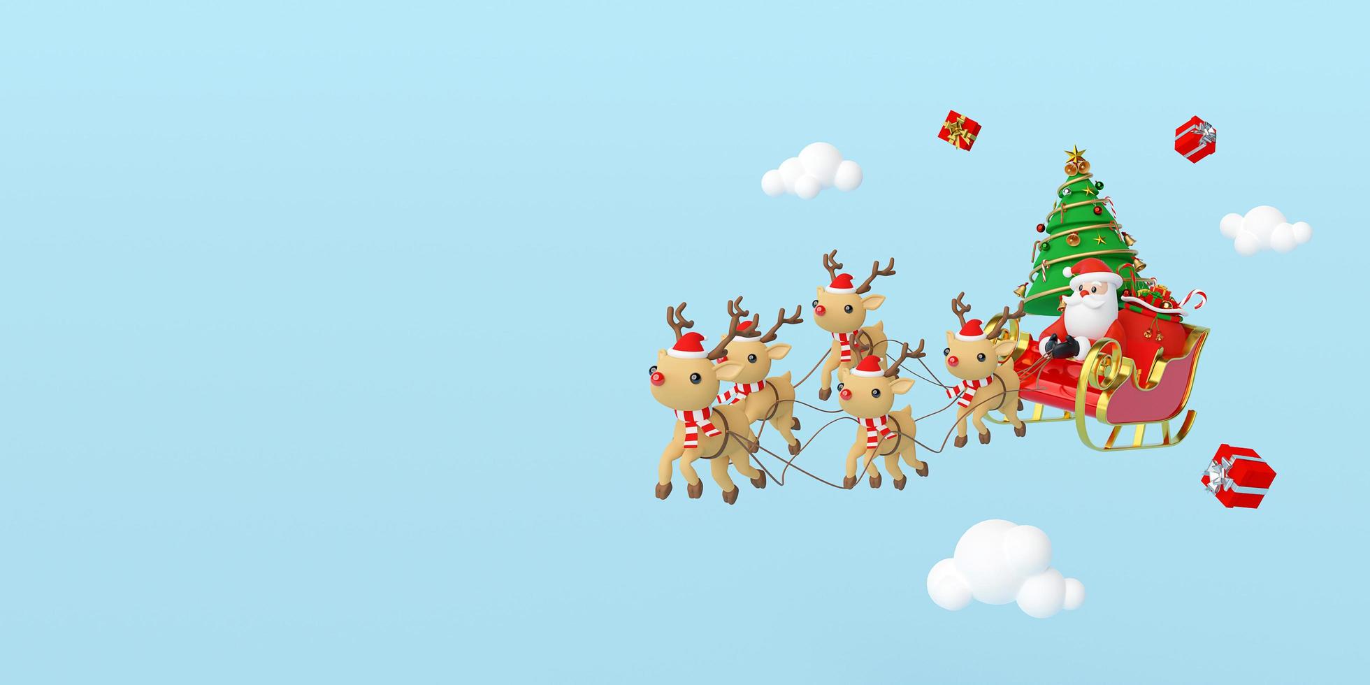 Scene of Santa Claus on a sleigh full of Christmas gifts and pulled by reindeer, 3d rendering photo