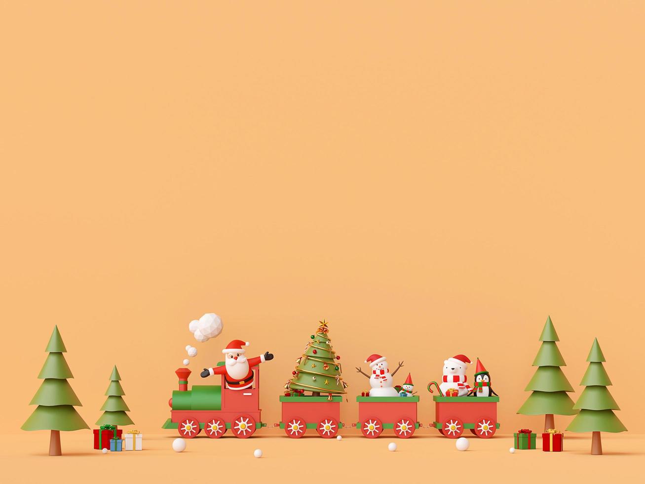 Merry Christmas and Happy New Year, Santa Claus and Snowman on Christmas train with gifts with copy space, 3d rendering photo