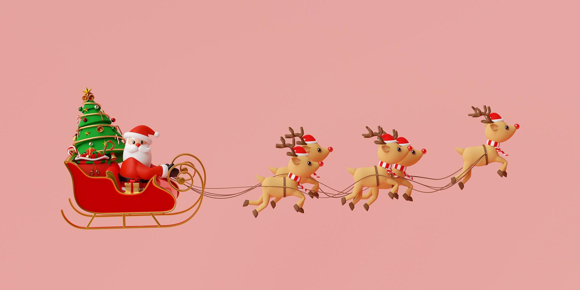 feliz navidad y próspero año nuevo, santa claus en un trineo lleno de regalos de navidad y tirado por renos, representación 3d foto