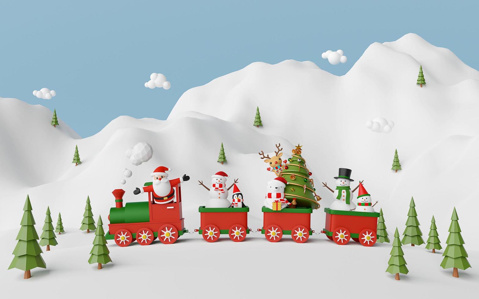 feliz navidad y próspero año nuevo, escena del tren navideño con santa claus y un amigo en la montaña nevada, representación 3d foto