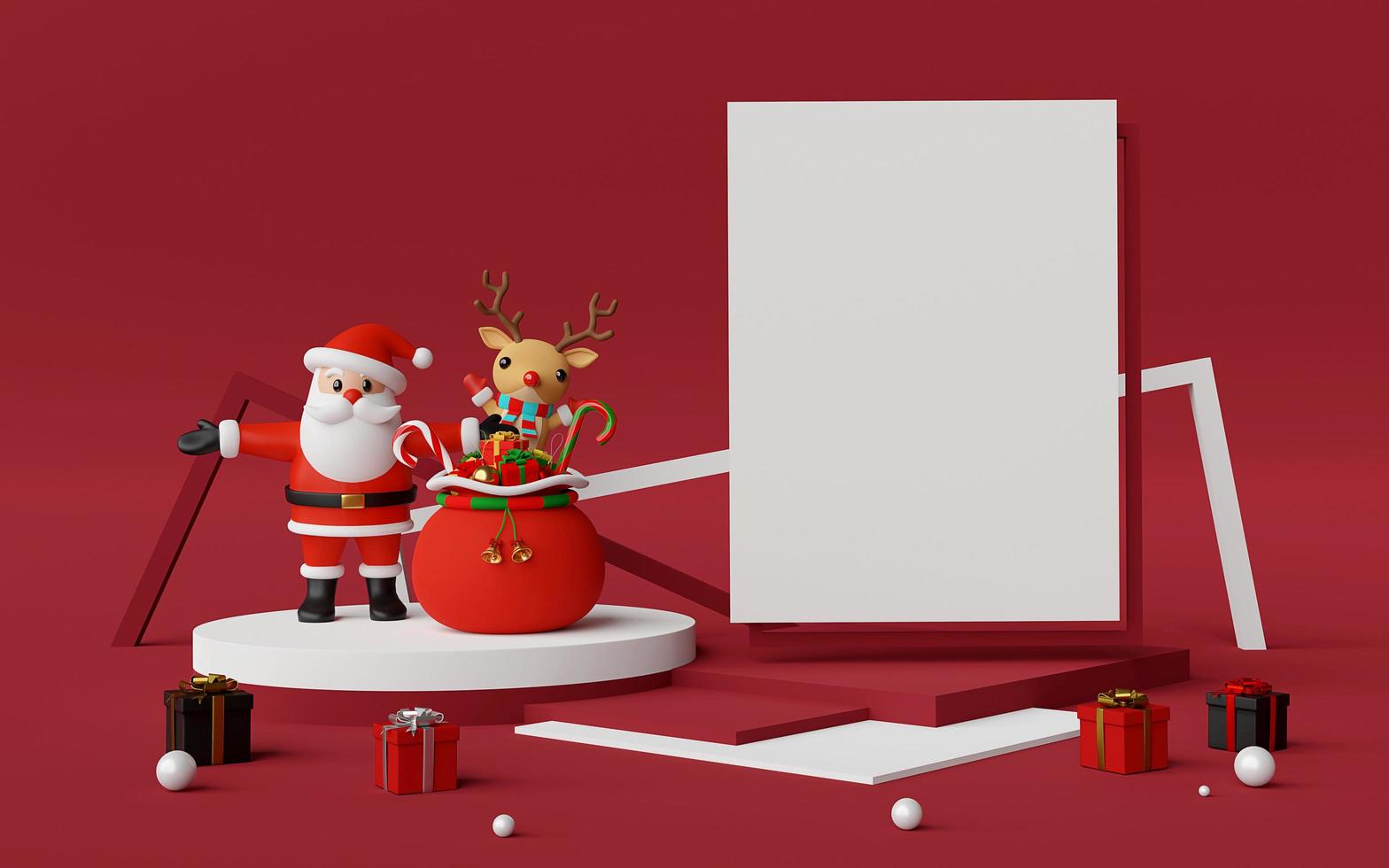 Merry Christmas and Happy New Year, Scene of Podium and copy space with Santa Claus and reindeer, 3d rendering photo