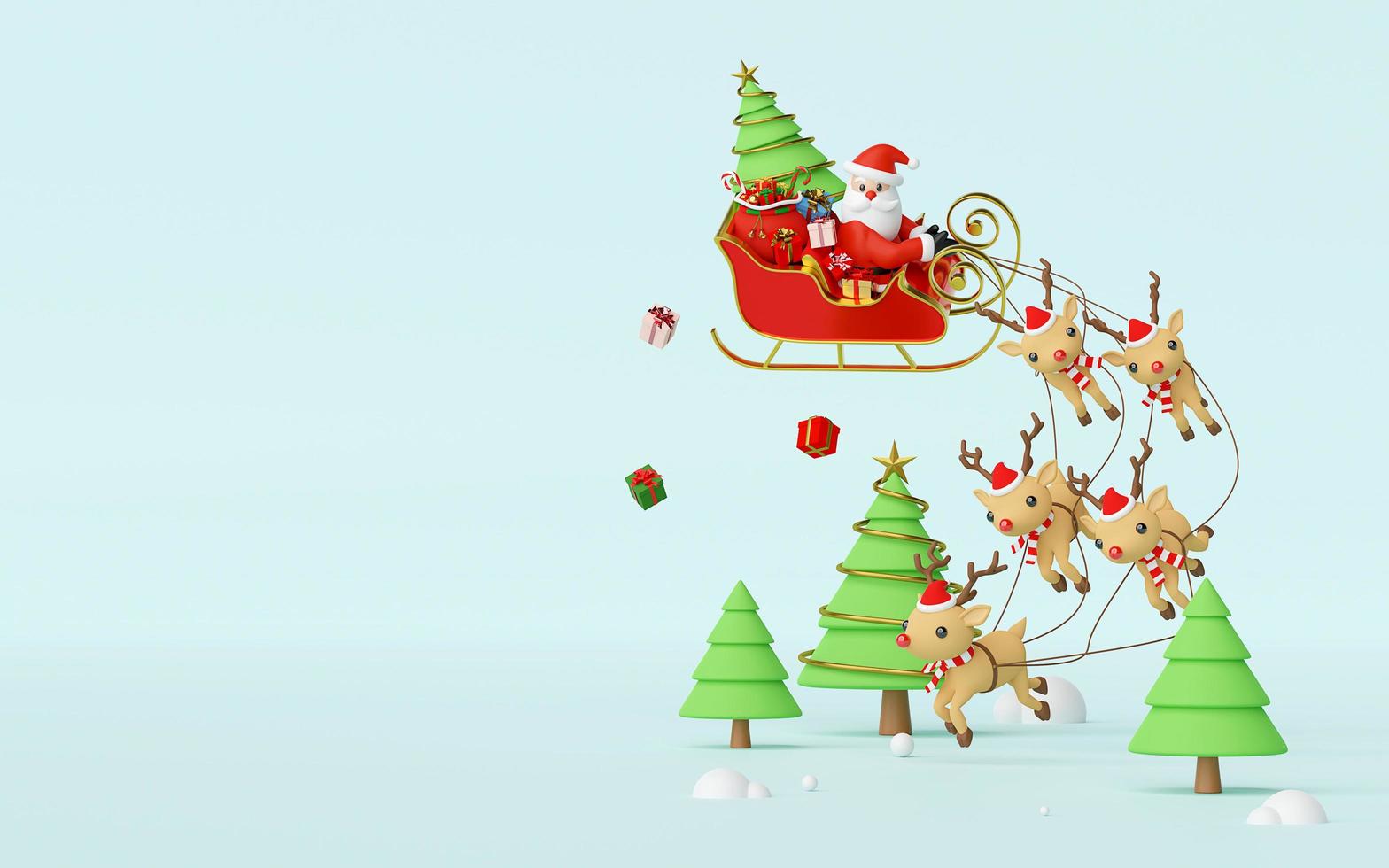 Scene of Santa Claus on a sleigh full of Christmas gifts and pulled by reindeer on a blue background, 3d rendering photo