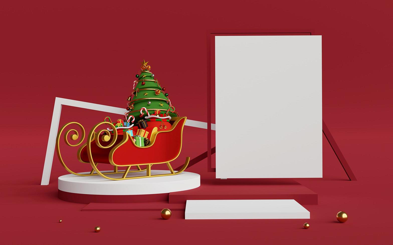 Feliz navidad y próspero año nuevo, escenario de podio y espacio de copia con trineo navideño, representación 3d foto