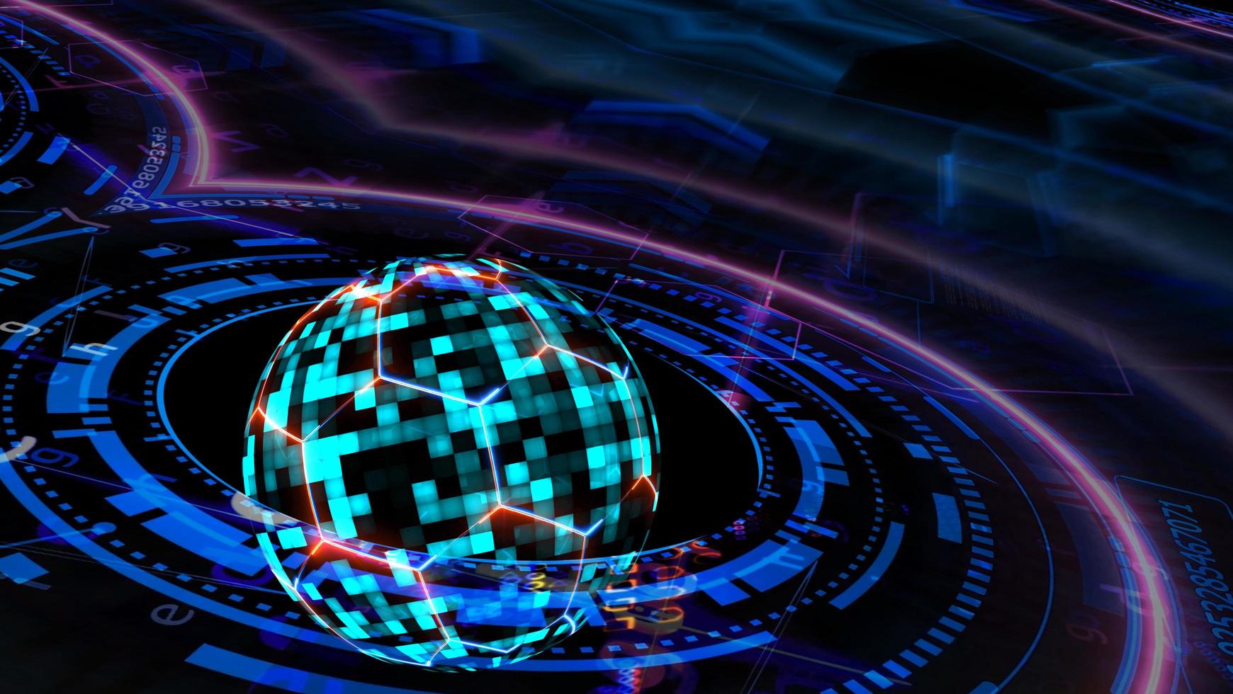 Quantum futuristic technology computer with digital blue sphere and hexagon photo