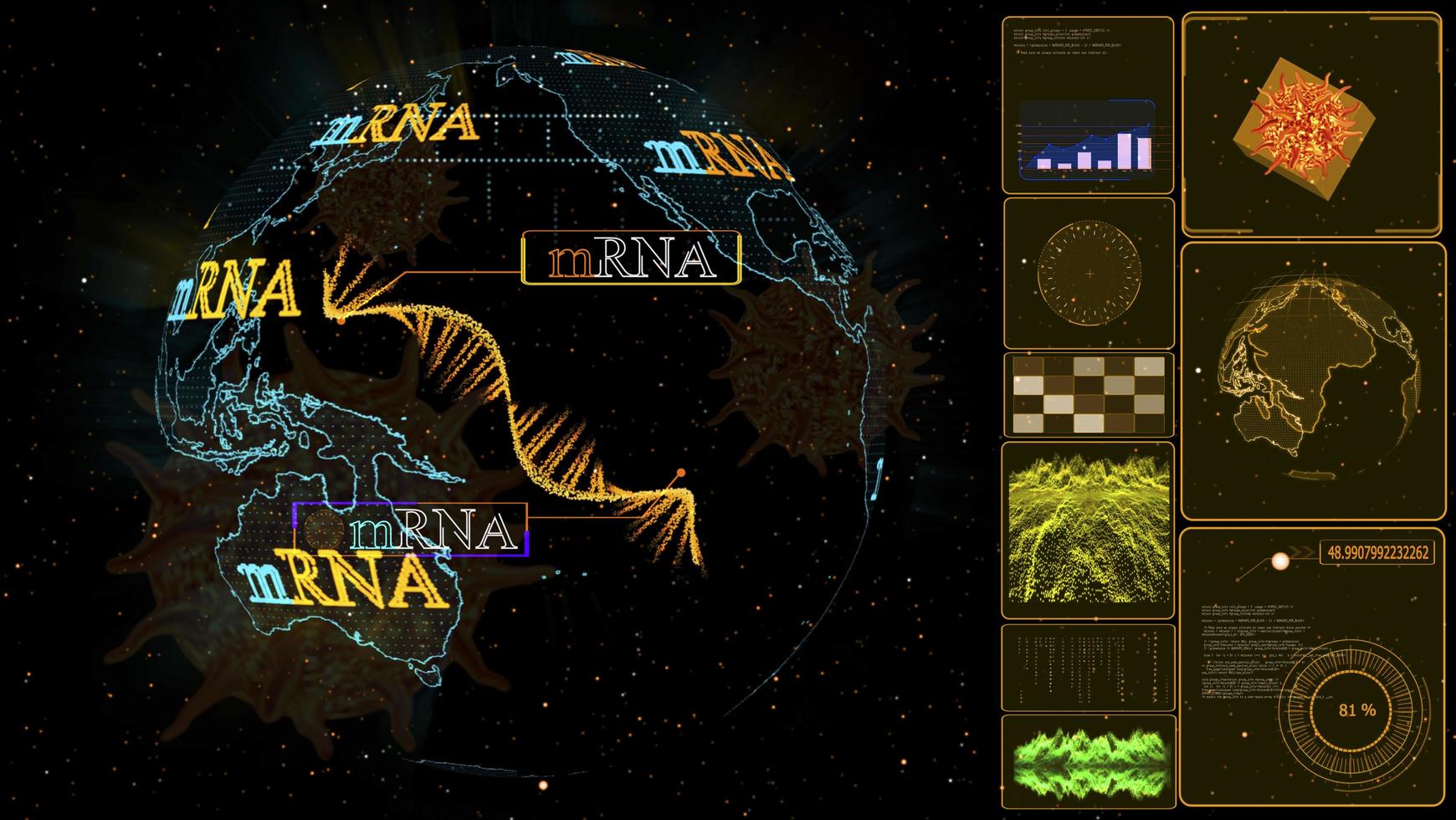 mRNA model on global digital computer yellow monitor research photo
