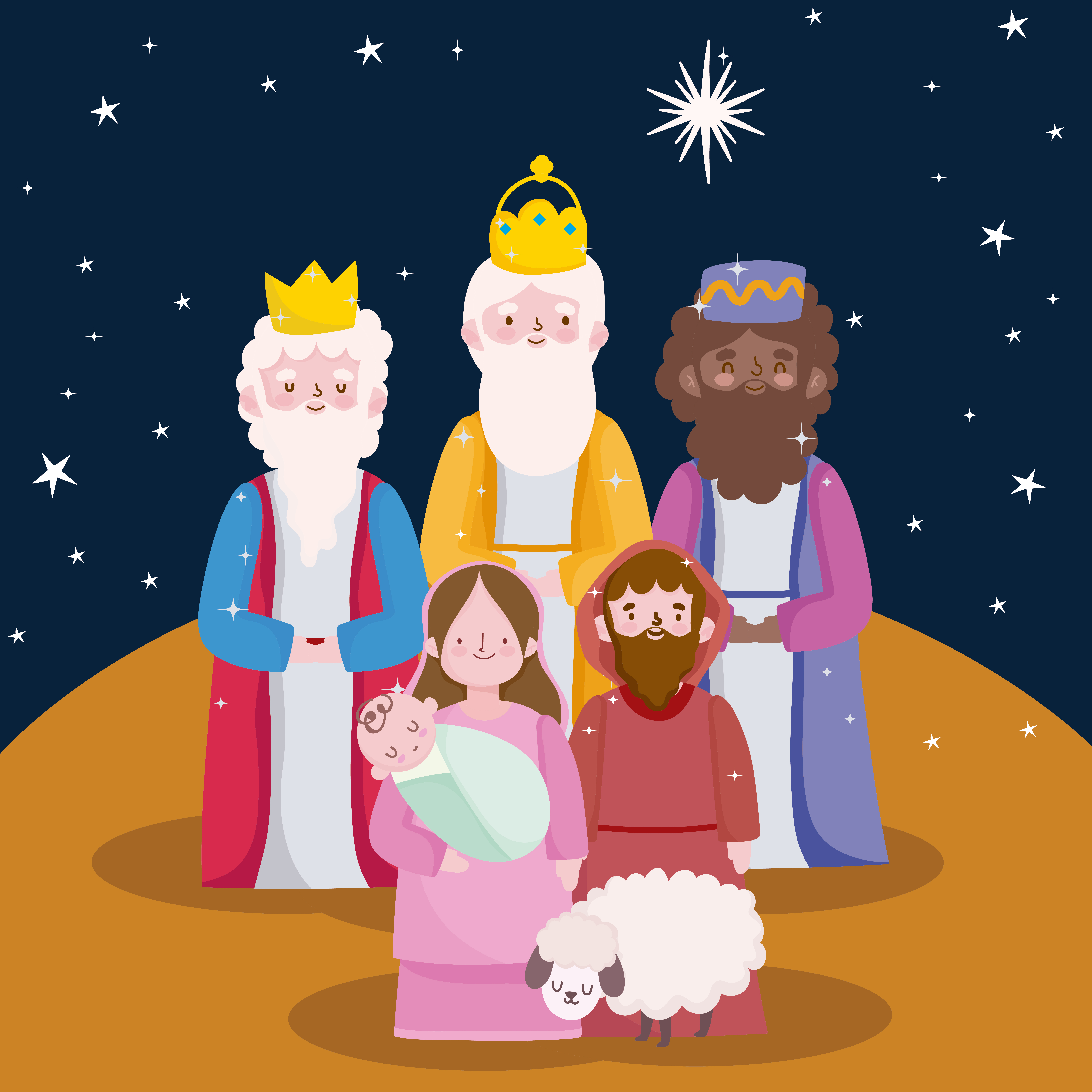happy epiphany, three wise kings joseph baby jesus and sheep cartoon  3744230 Vector Art at Vecteezy