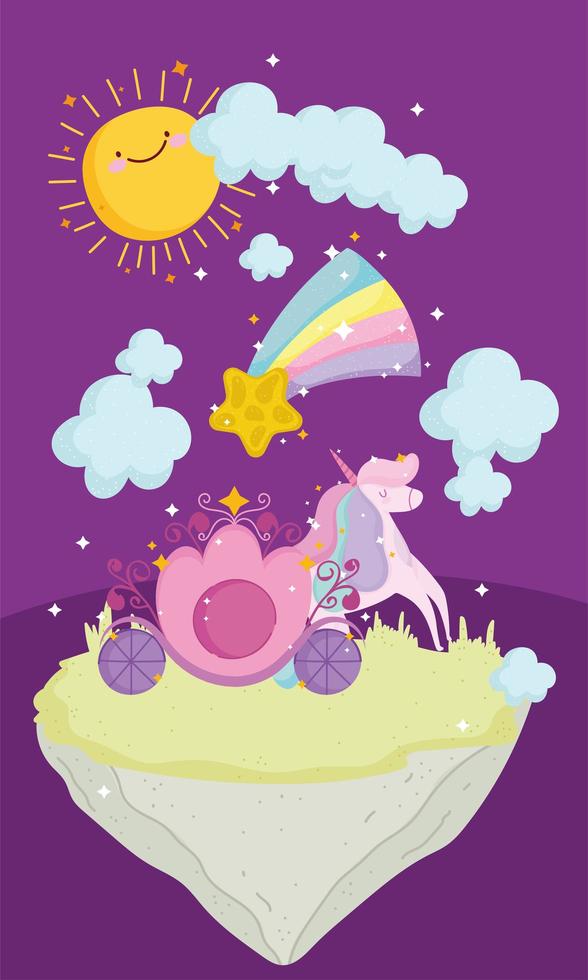 cuento de princesa carro de dibujos animados unicornio estrella fugaz y sol vector