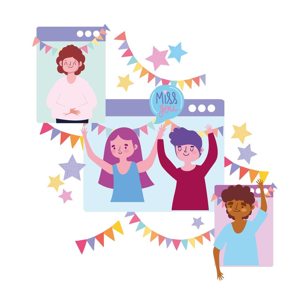virtual party, people meeting celebration event by internet vector