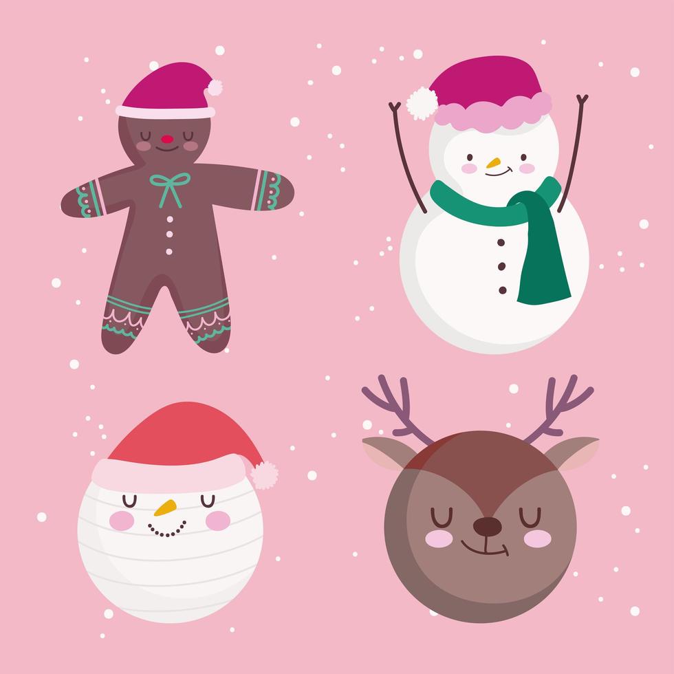 feliz navidad ciervo santa muñeco de nieve hombre de jengibre decoración ornamento temporada iconos vector