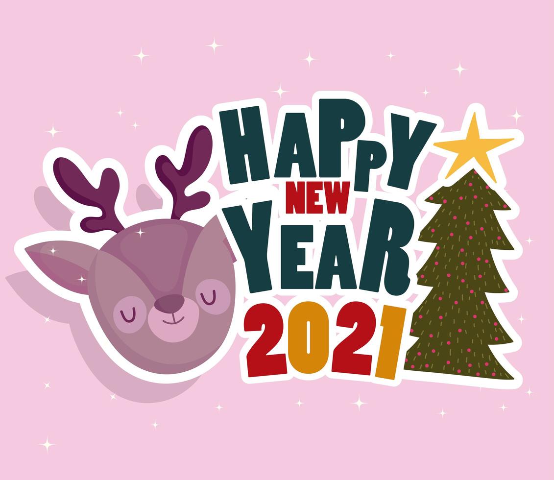 happy new year reindeer face and tree with lettering decoration card vector