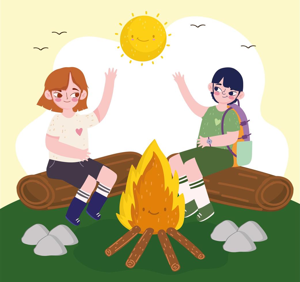 kids sitting on campfire logs vector