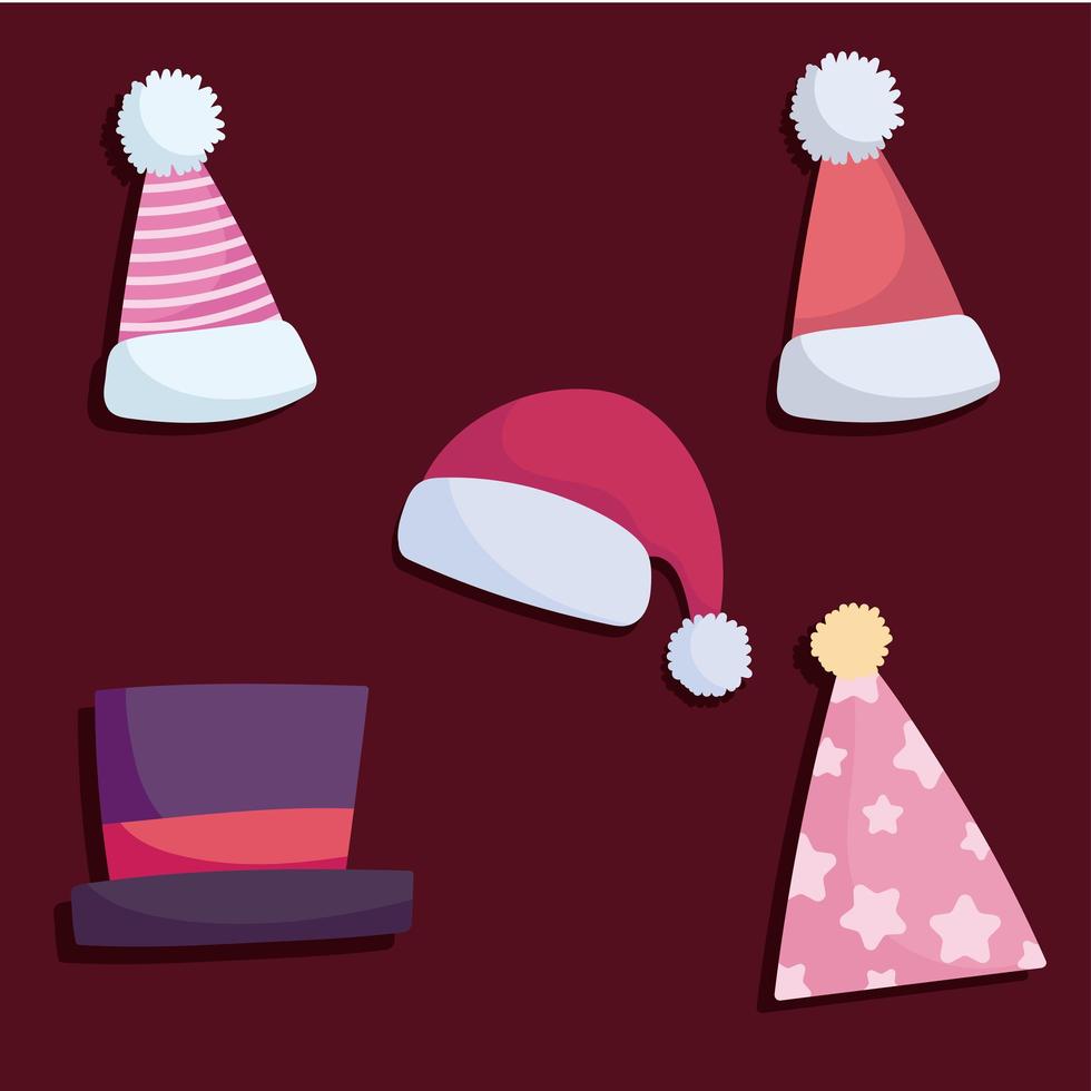 Feliz Navidad, conjunto de iconos de gorro de Papá Noel y accesorio de invierno vector