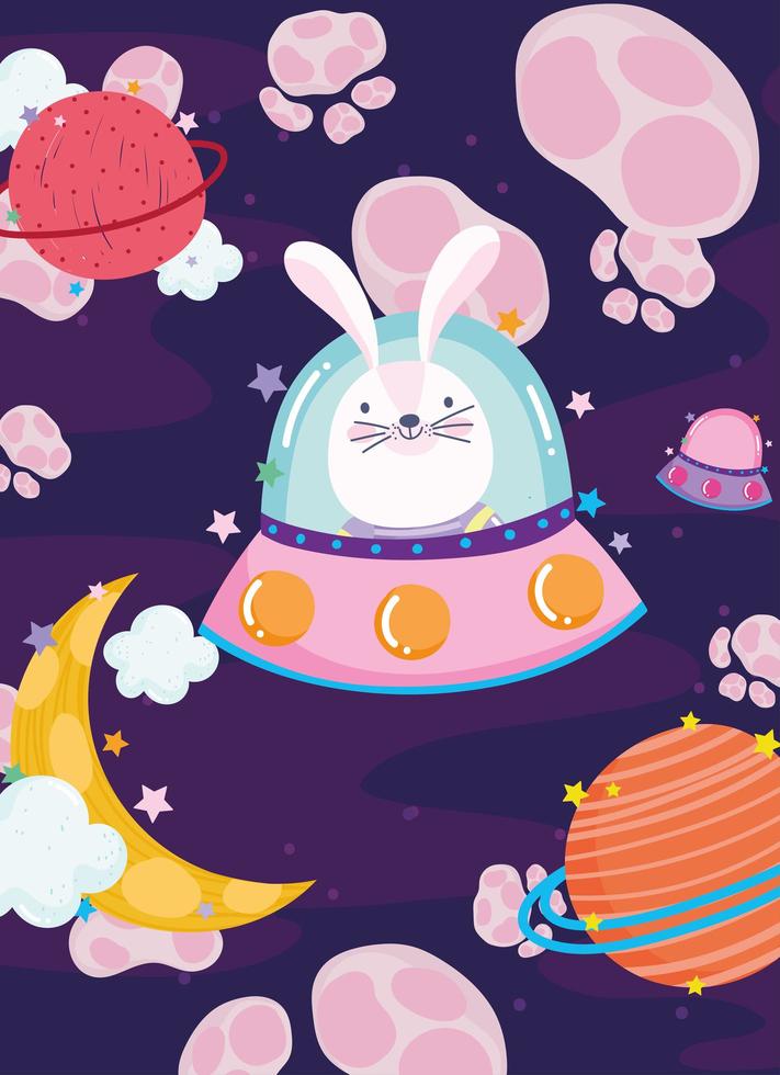 space rabbit in spaceship moon planets adventure explore animal cartoon vector