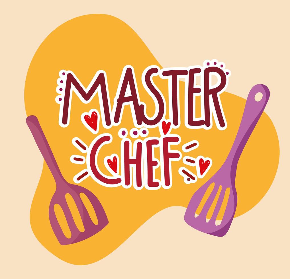 cooking master chef spatulas utensils, cartoon hand drawn lettering vector