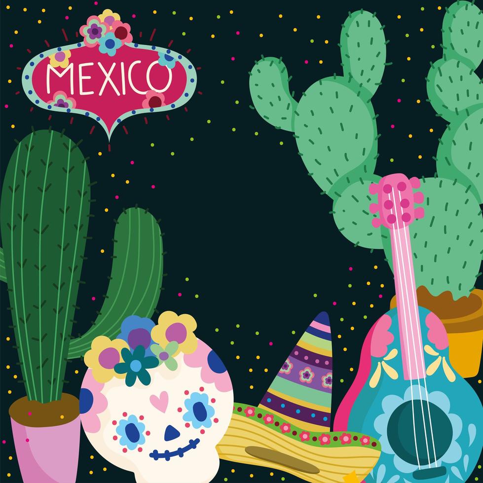 mexico dia de muertos calavera de azucar guitarra sombrero cactus decoracion cultura tradicional vector