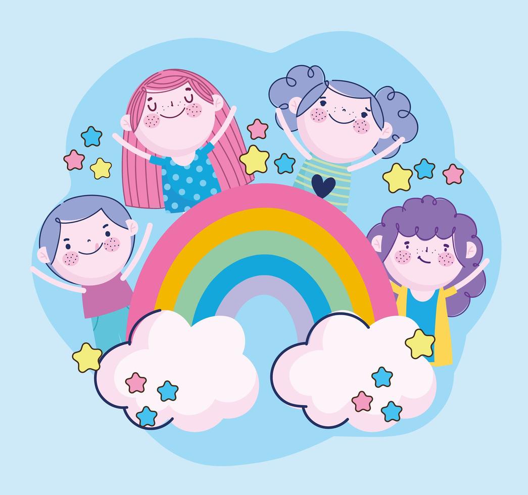 niños divertidos juntos estrellas dibujos animados de arco iris, niños vector