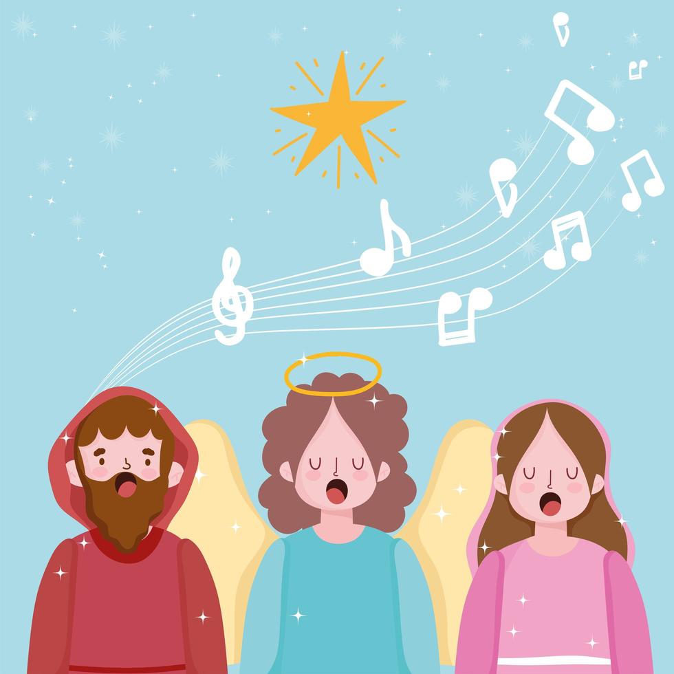 nativity, manger joseph mary and angel singing carols cartoon vector