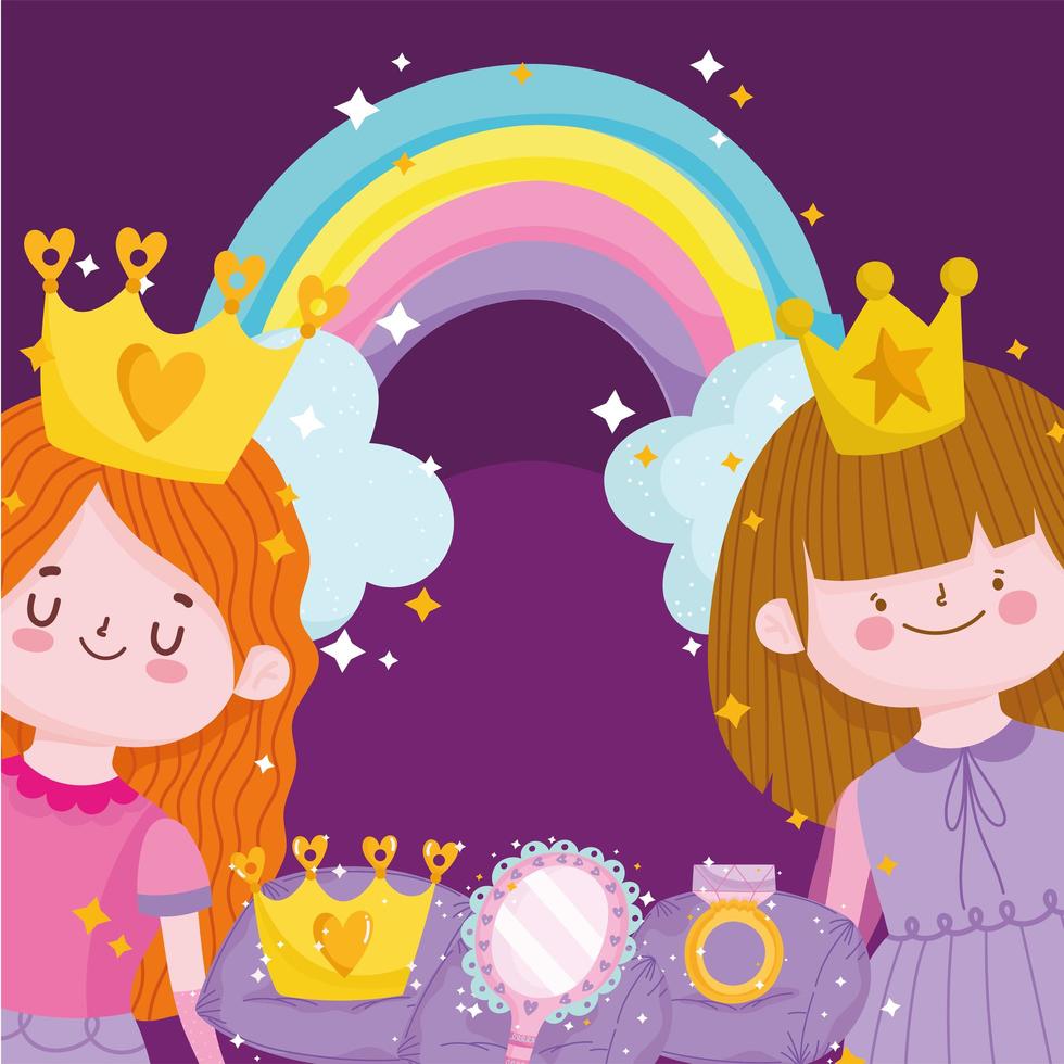 princesses tale cartoon with crown mirror rainbow and ring vector