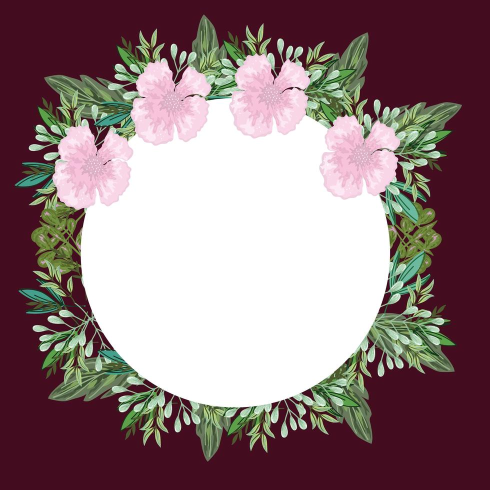 flores rosadas y follaje decoración de la naturaleza borde redondo, diseño de pintura vector