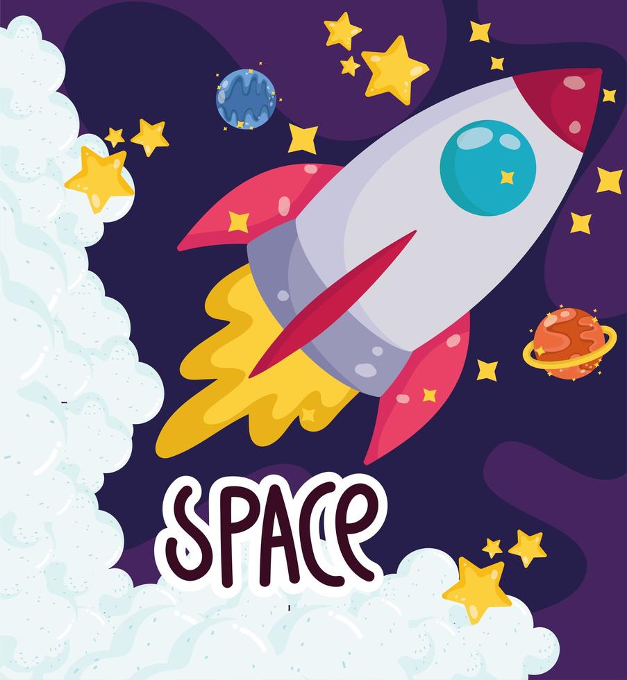 space cartoon launching spaceship planets exploration travel vector