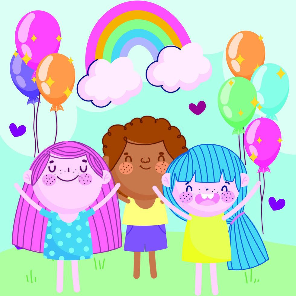 niñas y niños felices con globos de fiesta dibujos animados de arco iris,  niños 3744504 Vector en Vecteezy