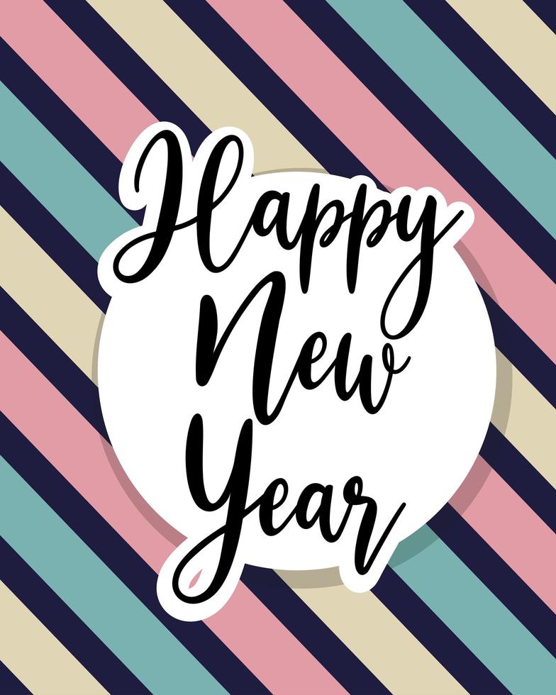 happy new year handwritten lettering label on striped background vector