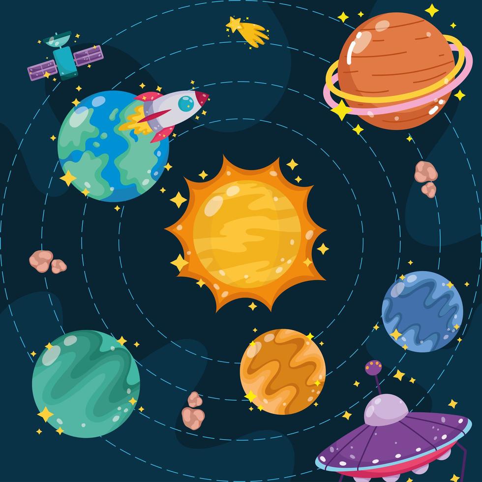 space cartoon solar system planets sun and spaceship explore vector