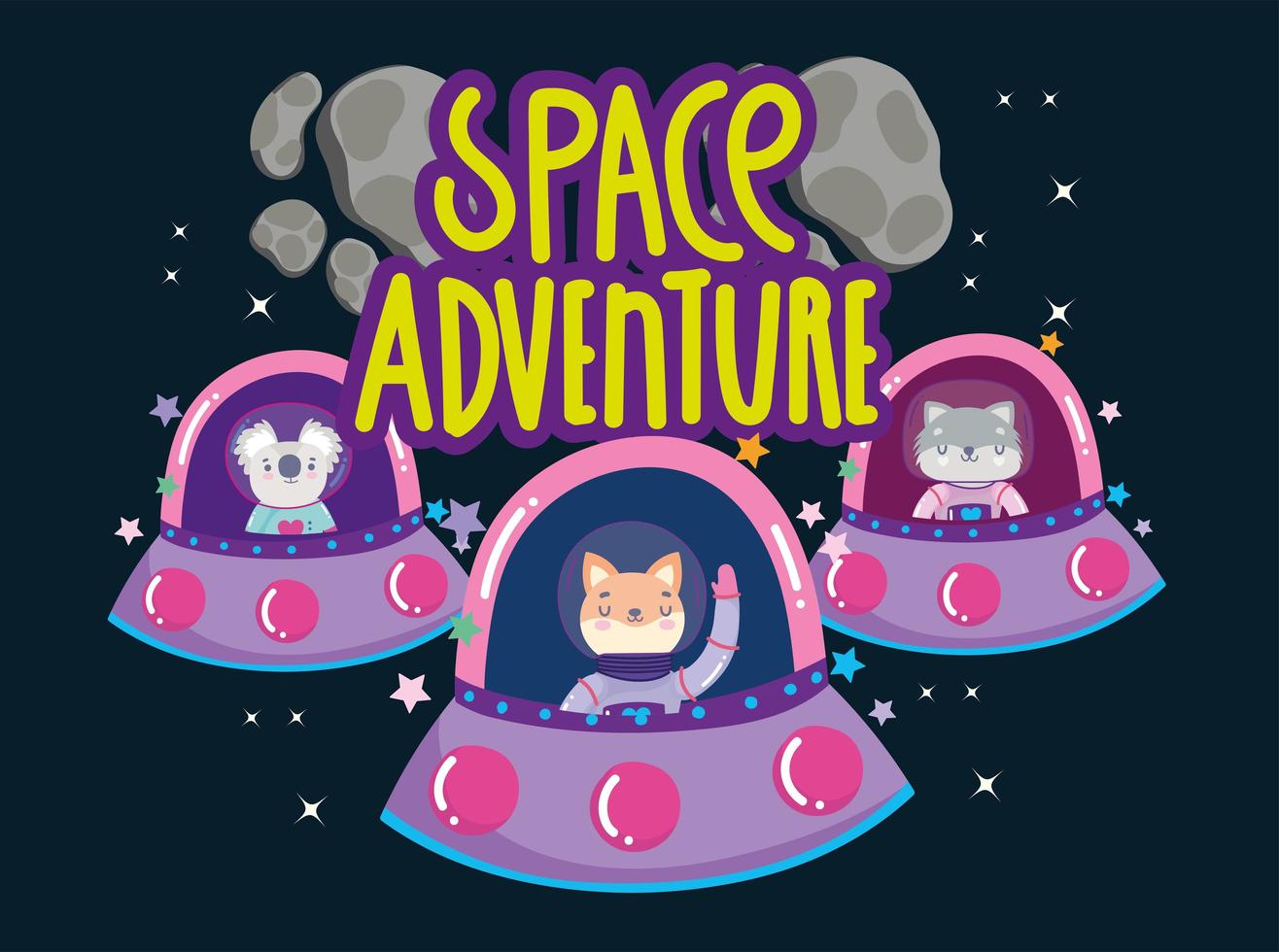 espacio astronauta gatos koala y mapache nave espacial aventuras explorar animal dibujos animados vector