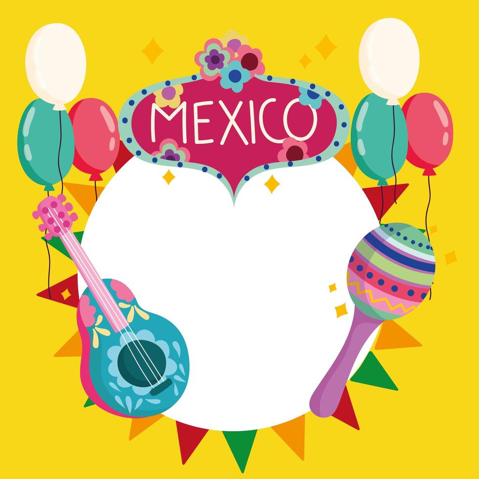 México cultura tradicional guitarra maraca flores globos fiesta de celebración vector