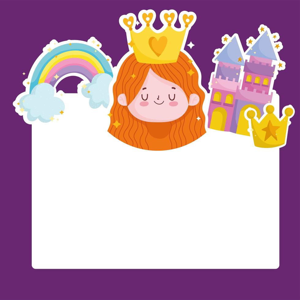 princesa cuento castillo arco iris corona plantilla de tarjeta de dibujos animados vector