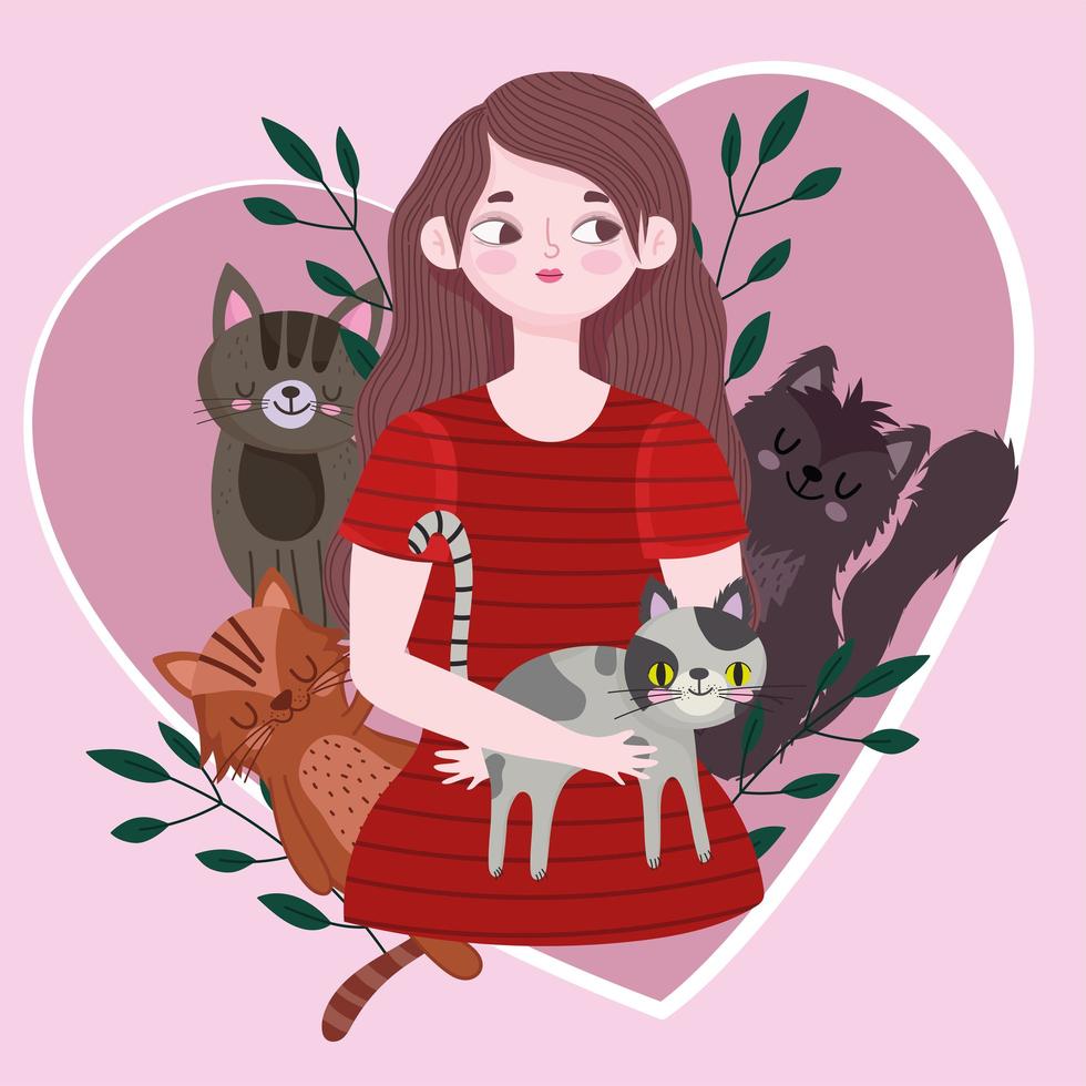 mujer joven, con, diferente, gatos, en, corazón, amor, mascota, caricatura vector