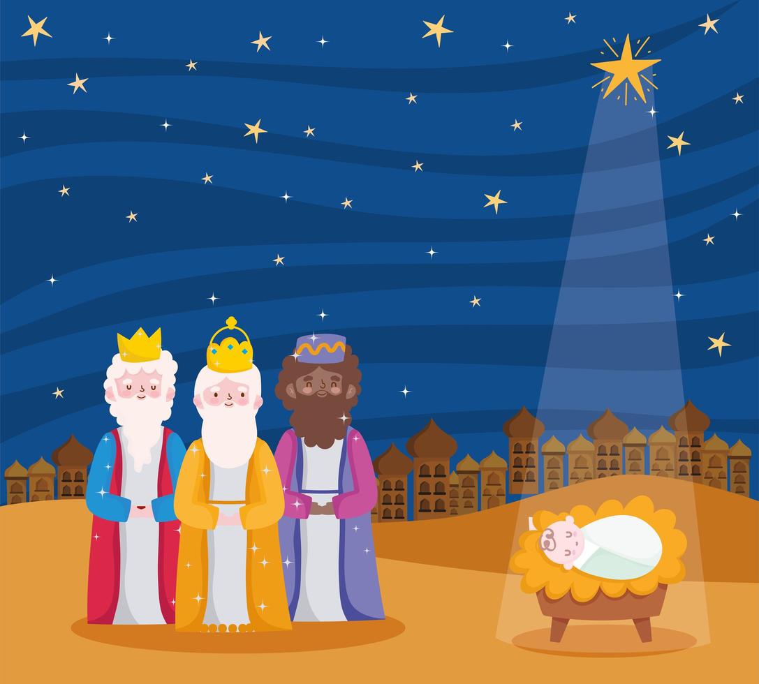 nativity, manger three wise kings and baby jesus with star cartoon vector