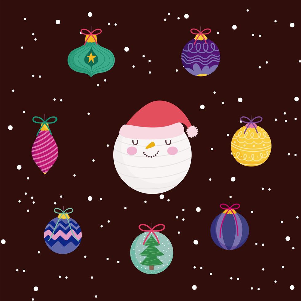 feliz navidad, santa, cara, y, bolas, decoración, ornamento, nieve, fondo negro vector