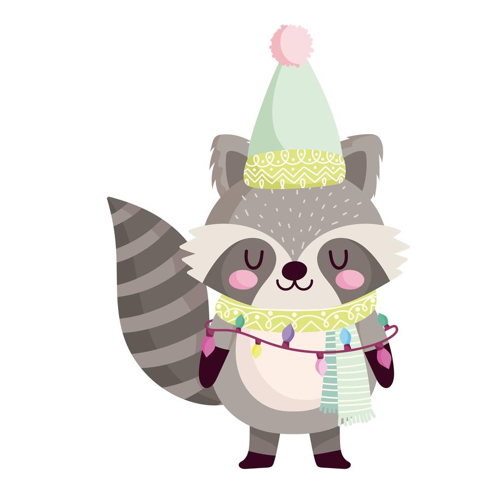 merry christmas, cute raccoon with lights and scarf cartoon celebration icon isolation vector