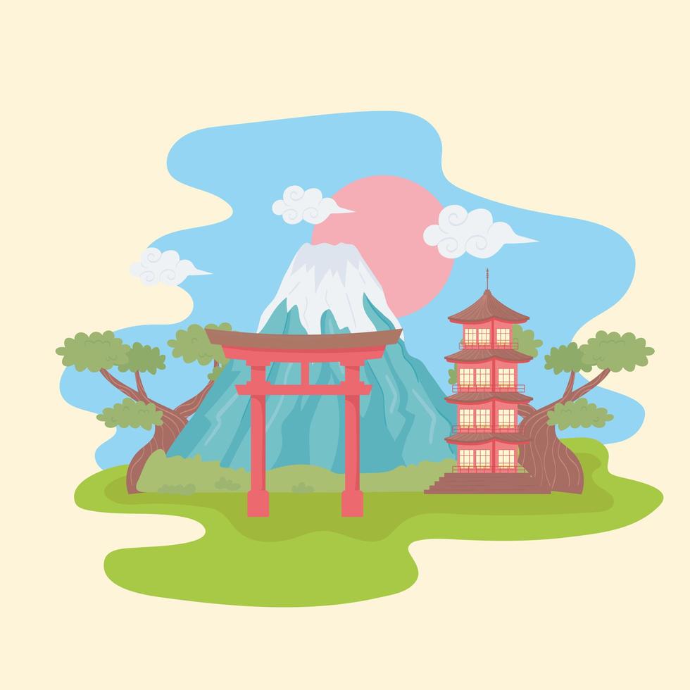 Mount Fuji torii gate and pagoda vector