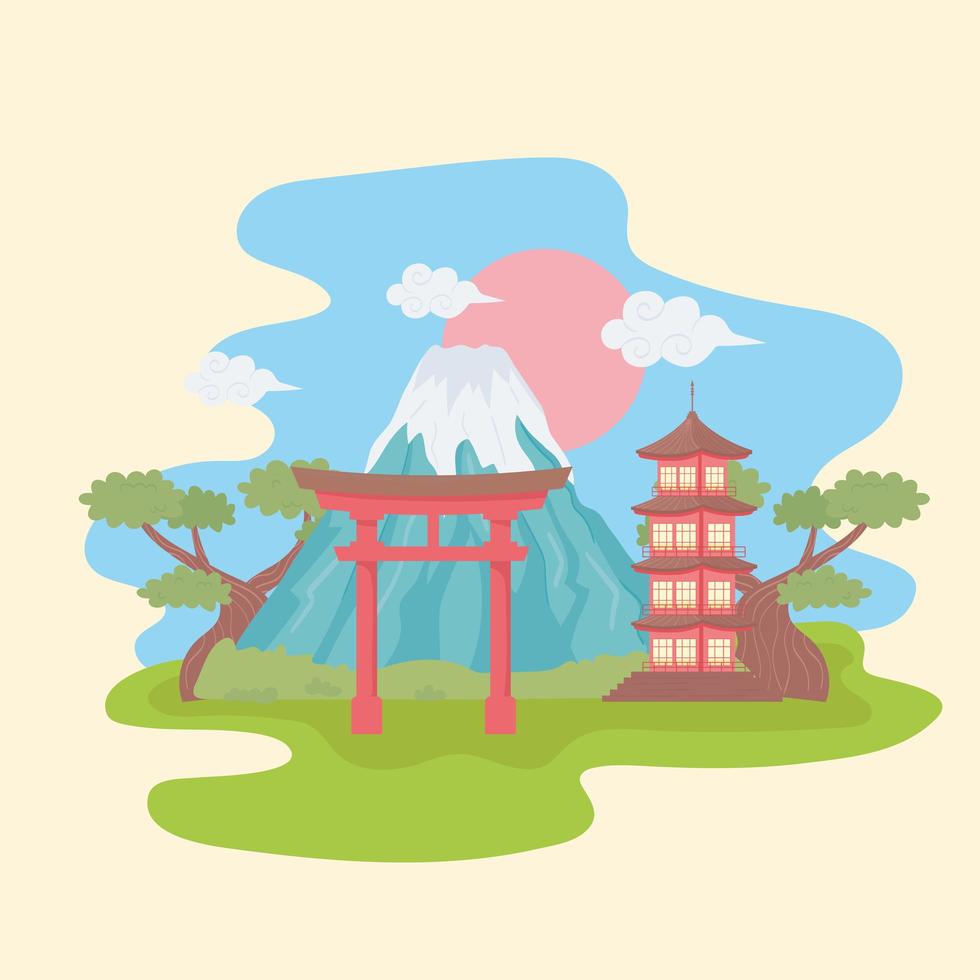 puerta torii del monte fuji y pagoda vector