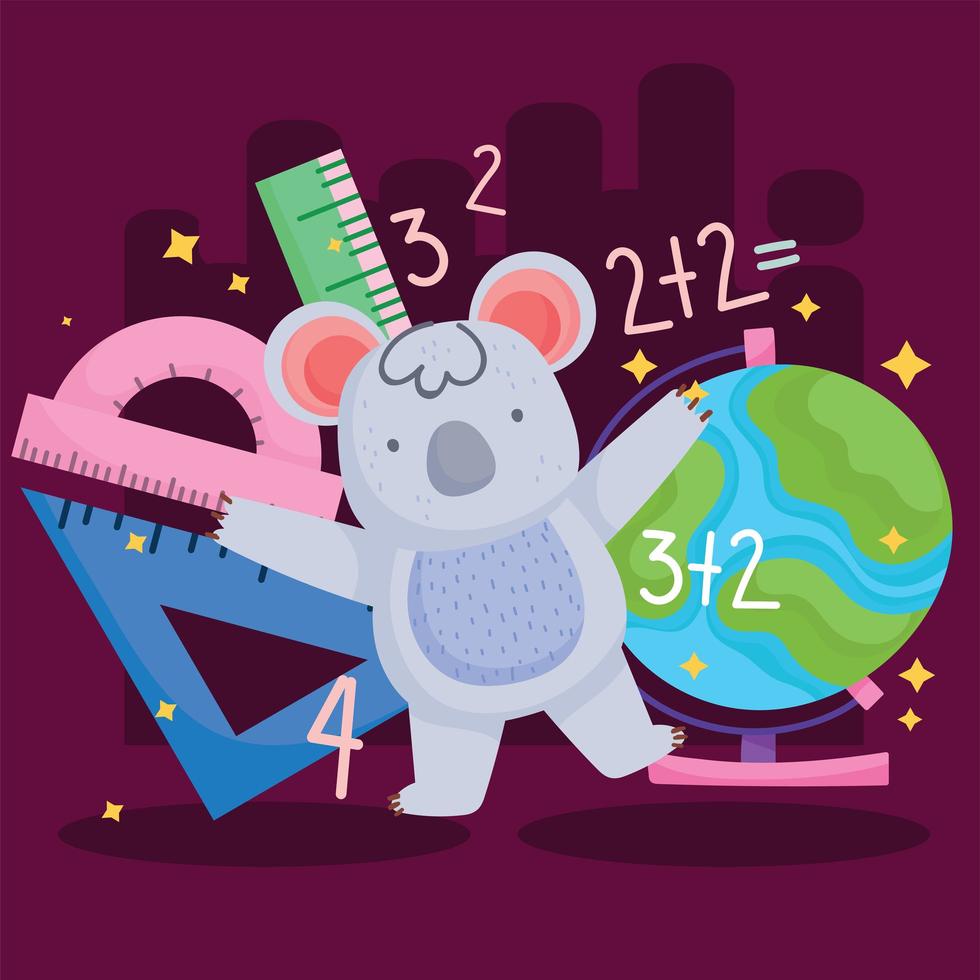 back to school cute koala with globe map and rulers vector